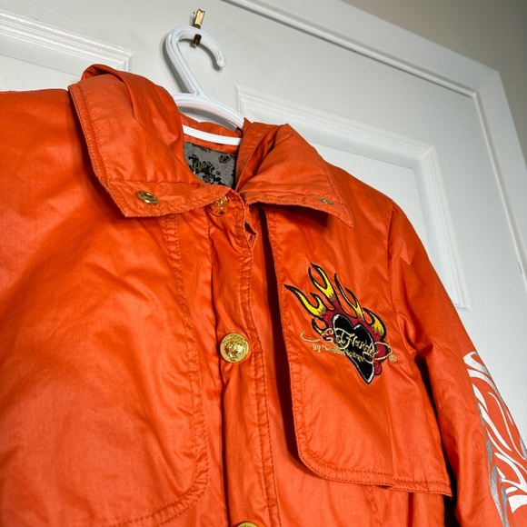 VTG Ed Hardy Trech Coats Embroidered Tiger Tattoo Y2K  Women Small Orange Gothic - Picture 6 of 14